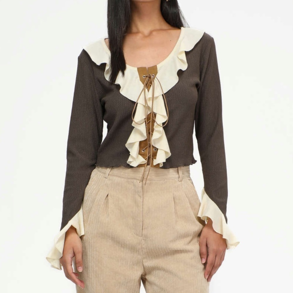 CIDER Lace Up Ruffle Blouse